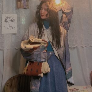 Light Blue Vintage Gradient Long Sleeve Loose Shirt for Women - Mid-Length Style for Autumn 2024, Perfect for Y2K Fashion
