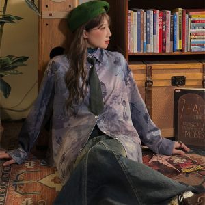 Light Blue Vintage Gradient Long Sleeve Loose Shirt for Women - Mid-Length Style for Autumn 2024, Perfect for Y2K Fashion