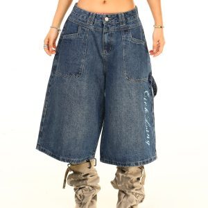 Light Blue Vintage Letter Print Denim Capris - American Washed Style, Perfect for 90s & Y2K Fashion, Limited Time Buy 2 Get 1 Free