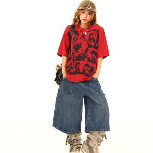 Light Blue Vintage Letter Print Denim Capris - American Washed Style, Perfect for 90s & Y2K Fashion, Limited Time Buy 2 Get 1 Free