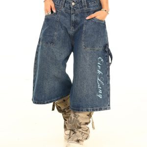 Light Blue Vintage Letter Print Denim Capris - American Washed Style, Perfect for 90s & Y2K Fashion, Limited Time Buy 2 Get 1 Free
