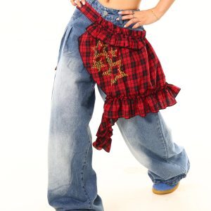 Light Blue Vintage Plaid Star Layered Loose Denim Pants - Casual 90s Style, Buy 2 Get 1 Free Limited Time Offer