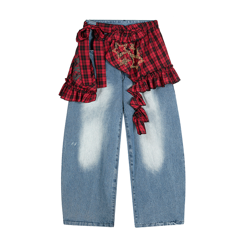 Light Blue Vintage Plaid Star Layered Loose Denim Pants - Casual 90s Style, Buy 2 Get 1 Free Limited Time Offer