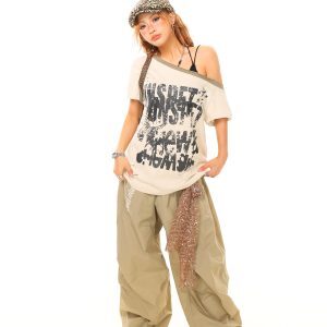 Light Blue Vintage Sequin Belt Pleated Loose Casual Pants - Trendy Y2K Style, Perfect for Everyday Wear, Limited Time Offer Buy 2 Get 1 Free