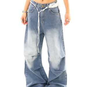 Light Blue Vintage Washed Loose Pleated Denim Pants - Casual 90s Style, Buy 2 Get 1 Free Limited Time Offer