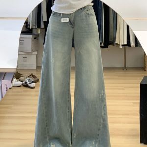 Light Blue Vintage Washed Ripped High-Waisted Loose-Fitting Straight-Leg Jeans for Women - Summer Wide-Leg Fashion Pants