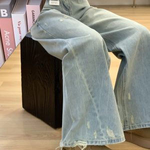 Light Blue Vintage Washed Ripped High-Waisted Loose-Fitting Straight-Leg Jeans for Women - Summer Wide-Leg Fashion Pants