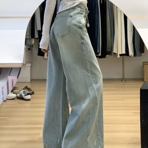 Light Blue Vintage Washed Ripped High-Waisted Loose-Fitting Straight-Leg Jeans for Women - Summer Wide-Leg Fashion Pants