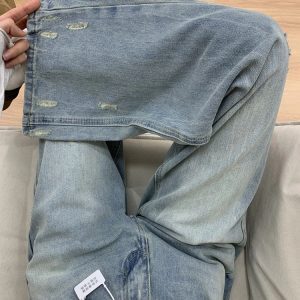 Light Blue Vintage Washed Ripped High-Waisted Loose-Fitting Straight-Leg Jeans for Women - Summer Wide-Leg Fashion Pants