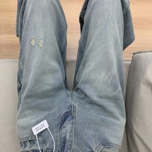 Light Blue Vintage Washed Ripped High-Waisted Loose-Fitting Straight-Leg Jeans for Women - Summer Wide-Leg Fashion Pants