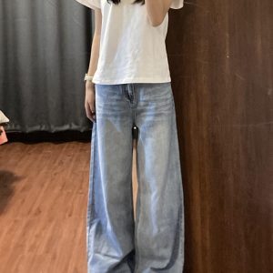 Light Blue Vintage Wide-Leg Jeans for Women - High-Waisted Loose Fit Summer Pants, Slimming Straight-Leg Design, Effortless Style