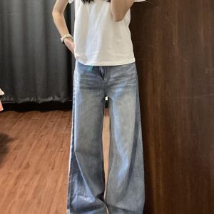 Light Blue Vintage Wide-Leg Jeans for Women - High-Waisted Loose Fit Summer Pants, Slimming Straight-Leg Design, Effortless Style