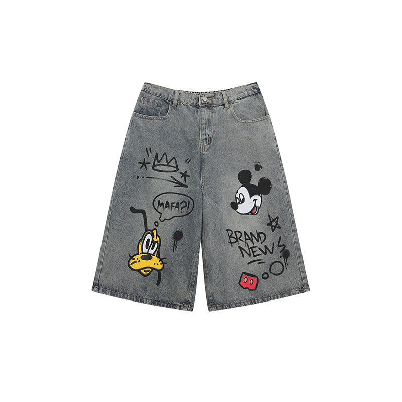 Light Blue Washed Denim Capris with Cartoon Graffiti - Vintage 90s Style, Limited Time Buy 2 Get 1 Free Offer