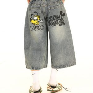 Light Blue Washed Denim Capris with Cartoon Graffiti - Vintage 90s Style, Limited Time Buy 2 Get 1 Free Offer