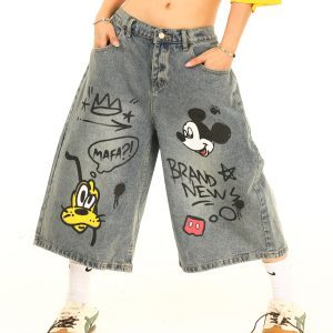 Light Blue Washed Denim Capris with Cartoon Graffiti - Vintage 90s Style, Limited Time Buy 2 Get 1 Free Offer