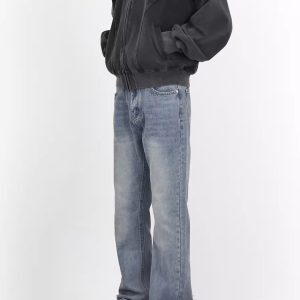 Light Blue Washed Straight Leg Jeans for Men, Vintage Style Slimming High-Length Denim Pants