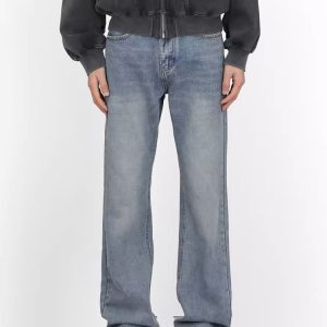 Light Blue Washed Straight Leg Jeans for Men, Vintage Style Slimming High-Length Denim Pants