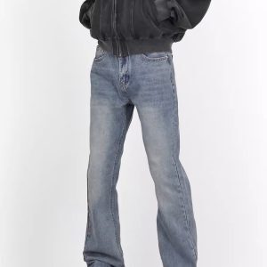 Light Blue Washed Straight Leg Jeans for Men, Vintage Style Slimming High-Length Denim Pants