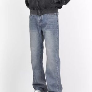 Light Blue Washed Straight Leg Jeans for Men, Vintage Style Slimming High-Length Denim Pants
