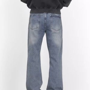 Light Blue Washed Straight Leg Jeans for Men, Vintage Style Slimming High-Length Denim Pants