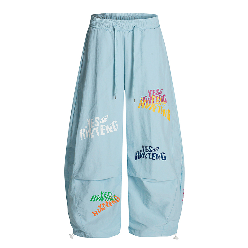 Light Blue Wide-Leg Casual Pants with American Vintage Graffiti Letter Print - Trendy Y2K Style, Buy 2 Get 1 Free Limited Time Offer