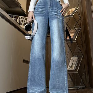 Light Blue Wide-Leg Jeans for Women - High-Waisted, Casual, Slimming, Versatile Floor-Length Pants - American Style