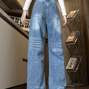 Light Blue Wide-Leg Jeans for Women - High-Waisted, Casual, Slimming, Versatile Floor-Length Pants - American Style