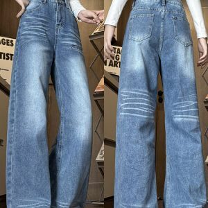 Light Blue Wide-Leg Jeans for Women - High-Waisted, Casual, Slimming, Versatile Floor-Length Pants - American Style