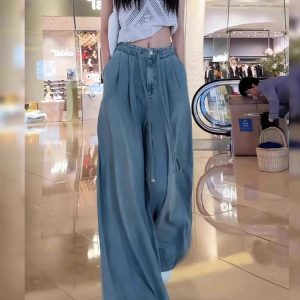 Light-Colored Tencel Wide-Leg Jeans for Women, High-Waisted Loose Fit Summer Pants, Flared Floor-Length Ice Silk Drape Style