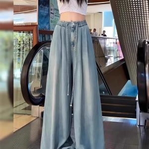 Light-Colored Tencel Wide-Leg Jeans for Women, High-Waisted Loose Fit Summer Pants, Flared Floor-Length Ice Silk Drape Style