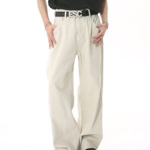 Light-Colored Wide-Leg Denim Pants for Men and Women - Loose Fit Casual Apricot White Vintage Style Trousers