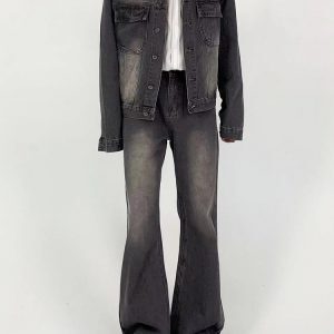 Light Gray Distressed Vintage Wash Denim Jacket for Men, Loose Casual Fit, Versatile Slight Flare, 90s Style