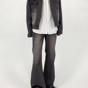 Light Gray Distressed Vintage Wash Denim Jacket for Men, Loose Casual Fit, Versatile Slight Flare, 90s Style