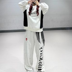 Light Gray Patchwork Sweatshirt Set for Women with White and Gray Letter Print Sports Pants - Casual Y2K Campus Style Outfits