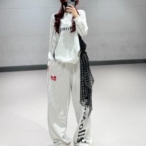 Light Gray Patchwork Sweatshirt Set for Women with White and Gray Letter Print Sports Pants - Casual Y2K Campus Style Outfits