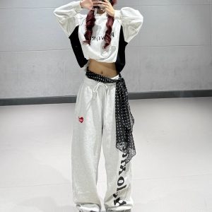 Light Gray Patchwork Sweatshirt Set for Women with White and Gray Letter Print Sports Pants - Casual Y2K Campus Style Outfits