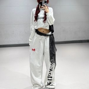Light Gray Patchwork Sweatshirt Set for Women with White and Gray Letter Print Sports Pants - Casual Y2K Campus Style Outfits