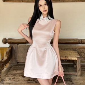 Light Pink Glossy Satin Sleeveless Shirt Dress for Women, Summer Waist-Cinching Faux Two-Piece A-Line Style, 90s Inspired