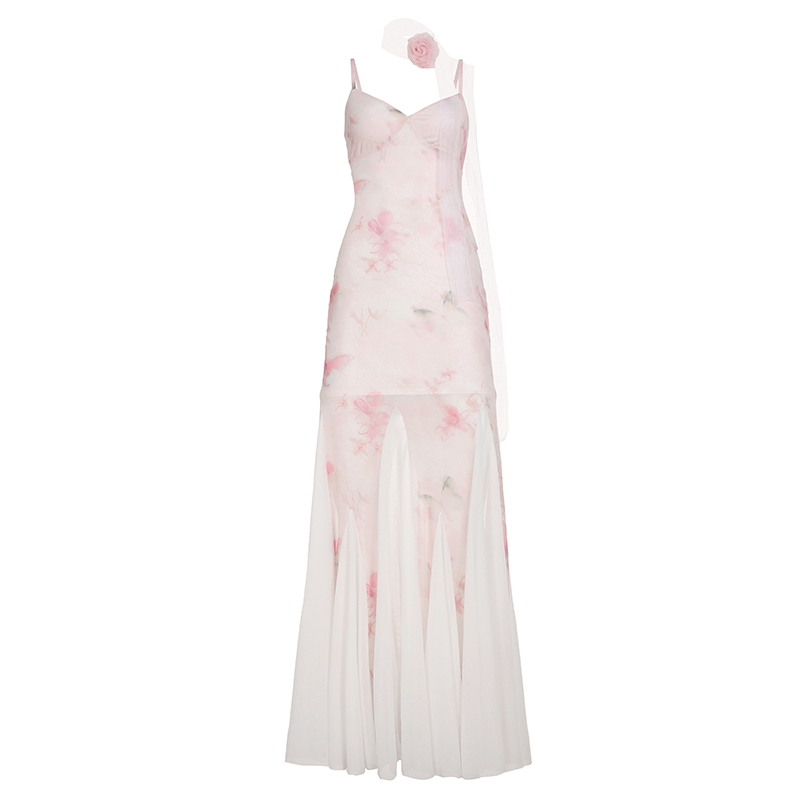 Light Pink Sheer Dress with Tulle Splicing, Mermaid Slip Straps, and Cherry Blossom Design – Spring Fashion Essential