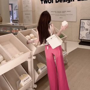 Light Pink Wide-Leg Casual Pants - Thin Denim, Chill Barbie Style, Y2K Vibe, Perfect for Summer Outfits