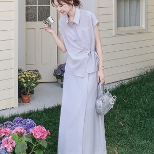 Light Purple Short Sleeve Two-Piece Set for Women, Trendy Summer Outfit, Chic Commuting Shirt and Skirt Ensemble