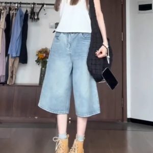 Light Washed High Street Denim Shorts for Women - Loose Wide-Leg Seven-Point Cut, Summer Fashion Essential