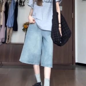 Light Washed High Street Denim Shorts for Women - Loose Wide-Leg Seven-Point Cut, Summer Fashion Essential