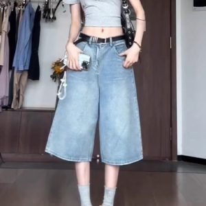 Light Washed High Street Denim Shorts for Women - Loose Wide-Leg Seven-Point Cut, Summer Fashion Essential