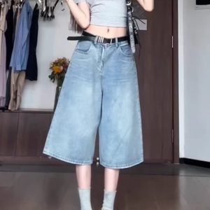 Light Washed High Street Denim Shorts for Women - Loose Wide-Leg Seven-Point Cut, Summer Fashion Essential
