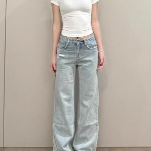 Light-Washed Ripped Straight-Leg Jeans for Women - Vintage Loose Slim Wide-Leg Summer Pants
