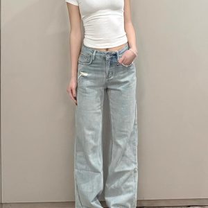 Light-Washed Ripped Straight-Leg Jeans for Women - Vintage Loose Slim Wide-Leg Summer Pants