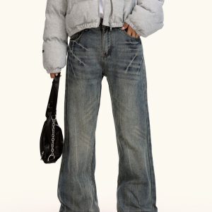 Lightning Pattern Straight Leg Micro Flare Jeans for Men and Women - Vintage American Casual Pants in Loose Fit Style