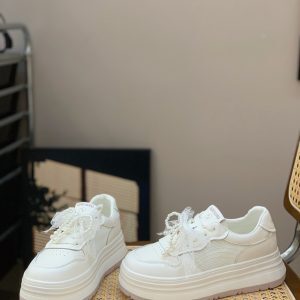 Lightweight Genuine Leather Height-Increasing Thick-Soled White Casual Sneakers for Women - 2025 Summer Versatile Mesh Hollow Design