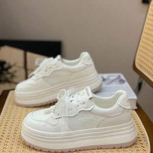 Lightweight Genuine Leather Height-Increasing Thick-Soled White Casual Sneakers for Women - 2025 Summer Versatile Mesh Hollow Design